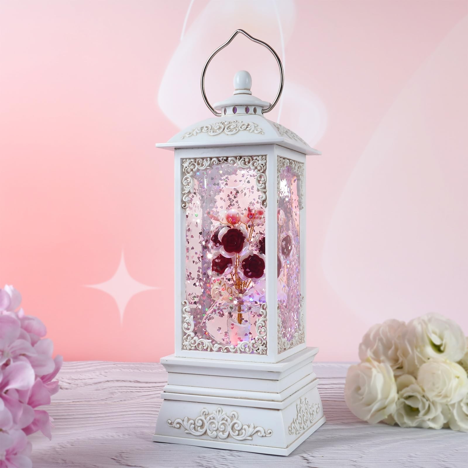 Red Rose Flower Snow Globe Lantern with RGB Color Changing Lights, Music & 6 …