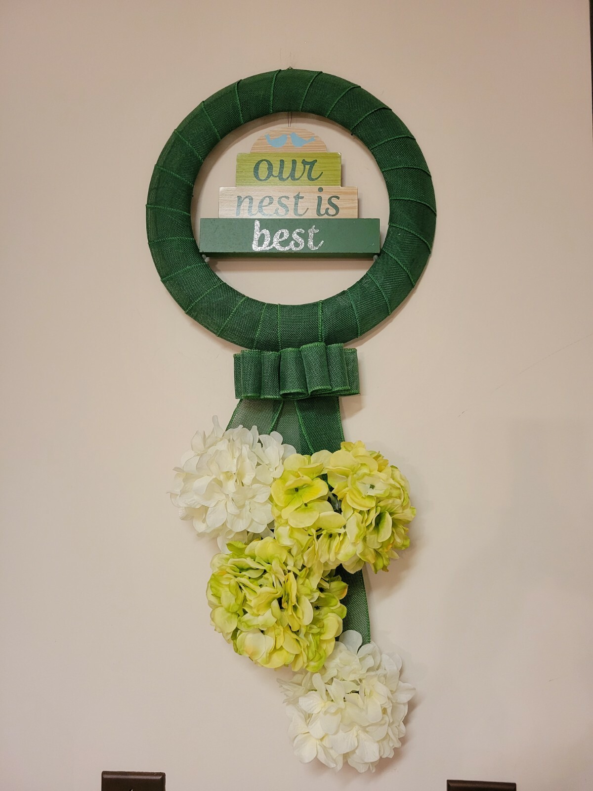 OUR NEST IS THE BEST wreat WHITE GREEN Hydrangeas burlap Decor Front Door SUMMER