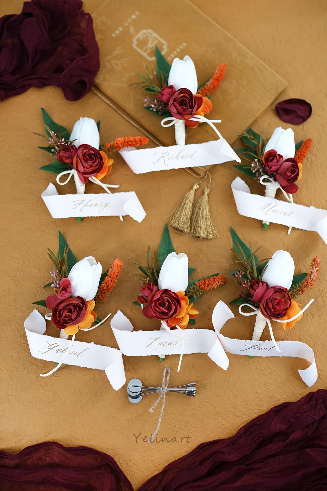 1 PCS Burgundy Orange Boutonniere Men Wedding Groom Artificial Tulip Rose