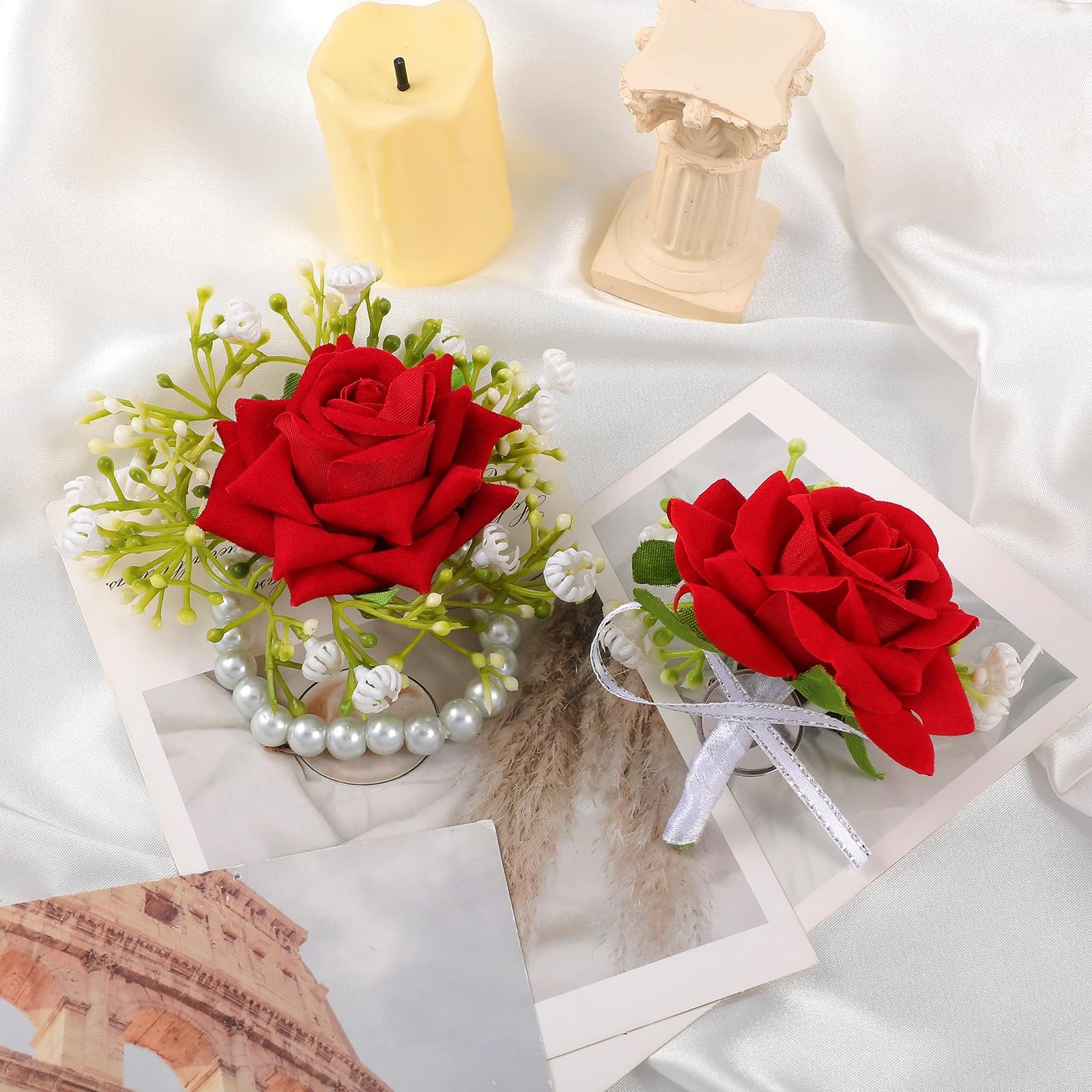 2 PCS Artificial Red Rose Boutonniere Corsage Set Wristlet Band Prom Wedding