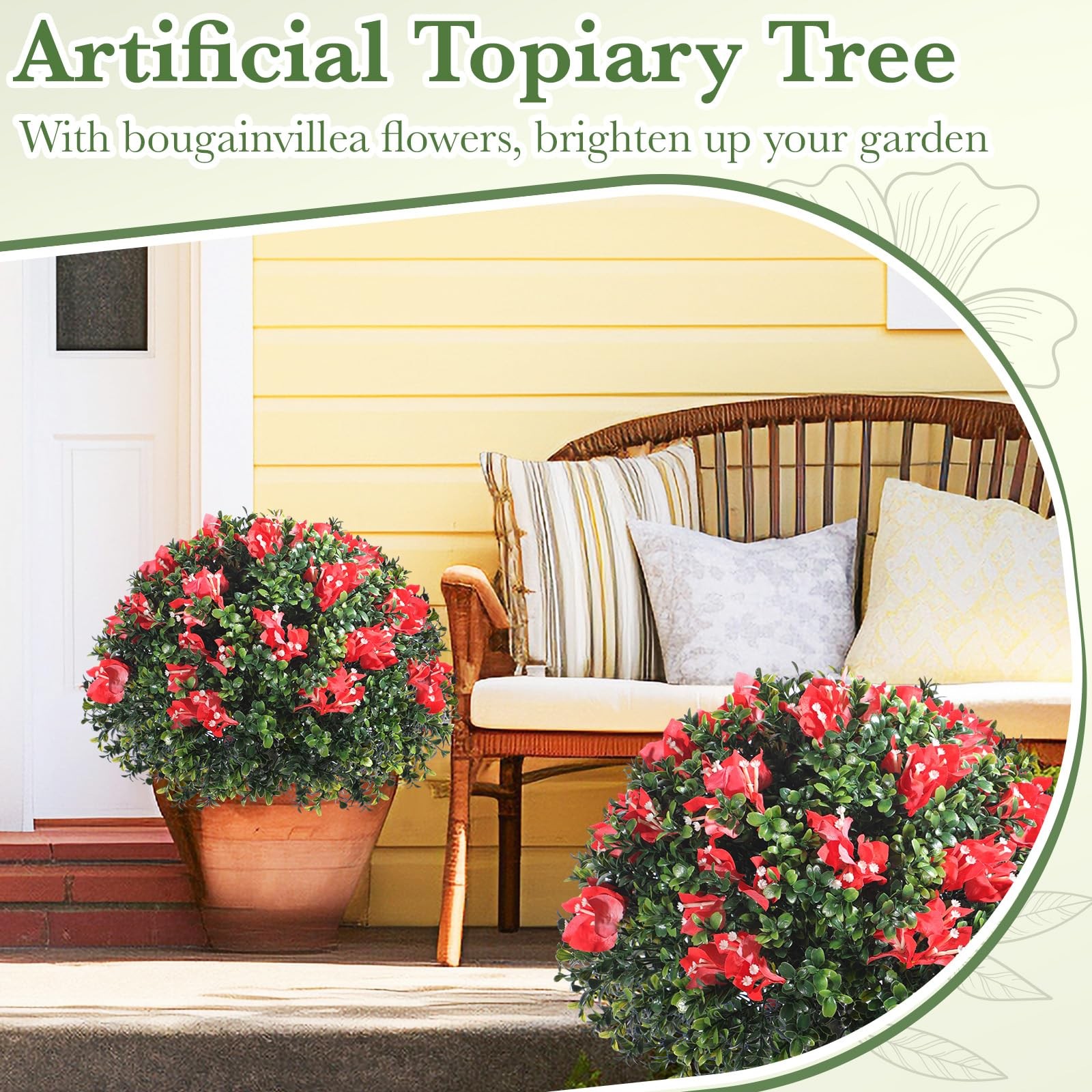 Yunlly 2 Pack 18″ Artificial Boxwood Topiary Balls with Bougainvillea Flowers…