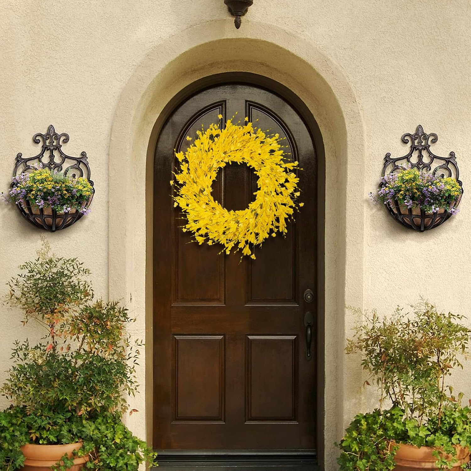 24 Inch Artificial Yellow Forsythia Flower Wreaths, Silk Leaves Paper Floral