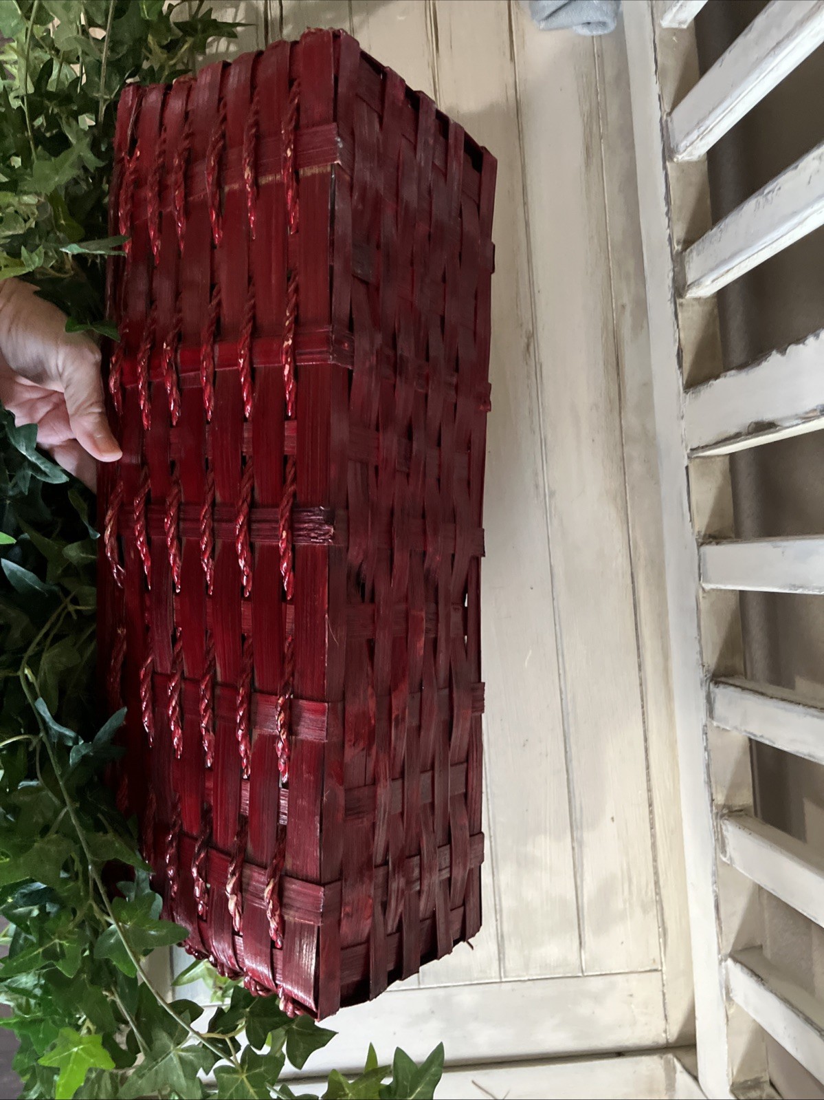 Faux Ivy In Red Wicker Basket 19”W x6 1/2”Dx6 3/8”H W/ Plant 19”H x58”W Used