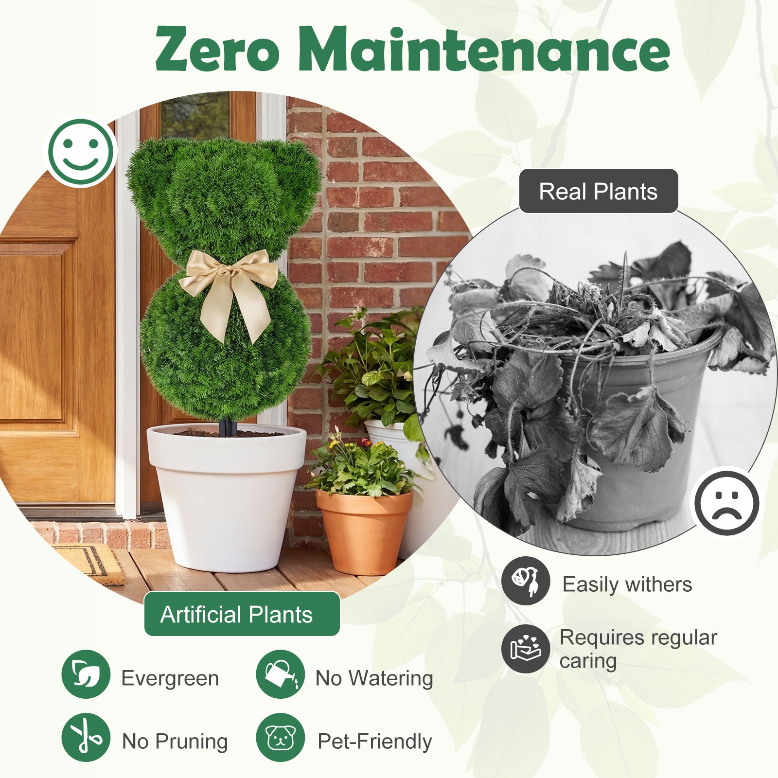 2 Pcs Teddy Bear Topiary Trees, Sun-resistant Faux Boxwood Plants w/ Bowknot