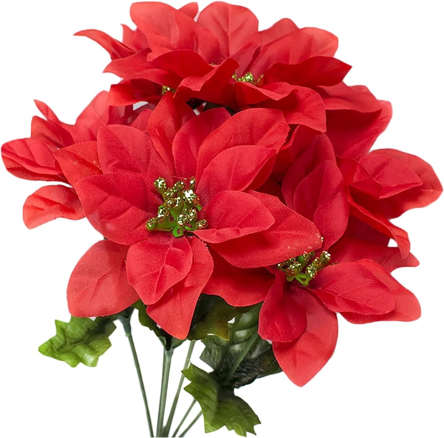Vibrant 6 Pack Artificial Poinsettia Bushes, 13.8 Inch Faux Floral for Holidays