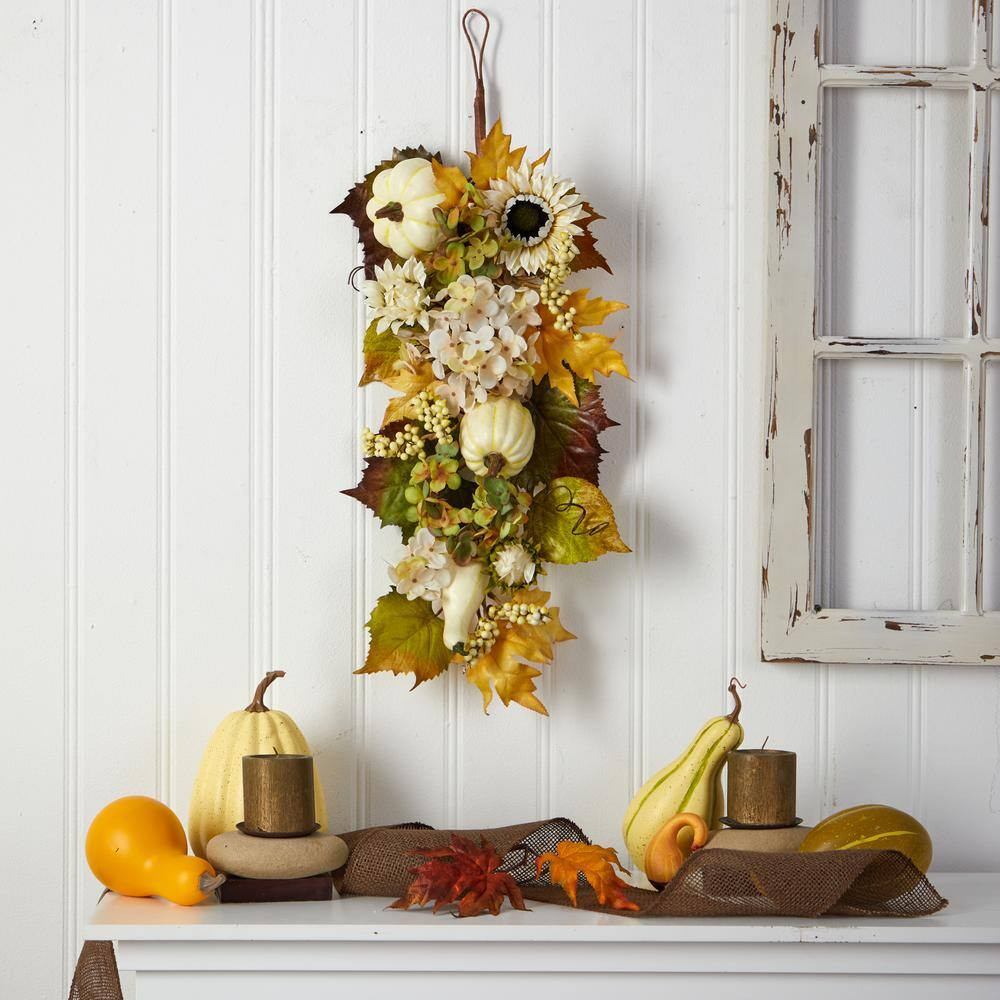 33 In. Green Fall Sunflower, Hydrangea and White Pumpkin Artificial Autumn Teard