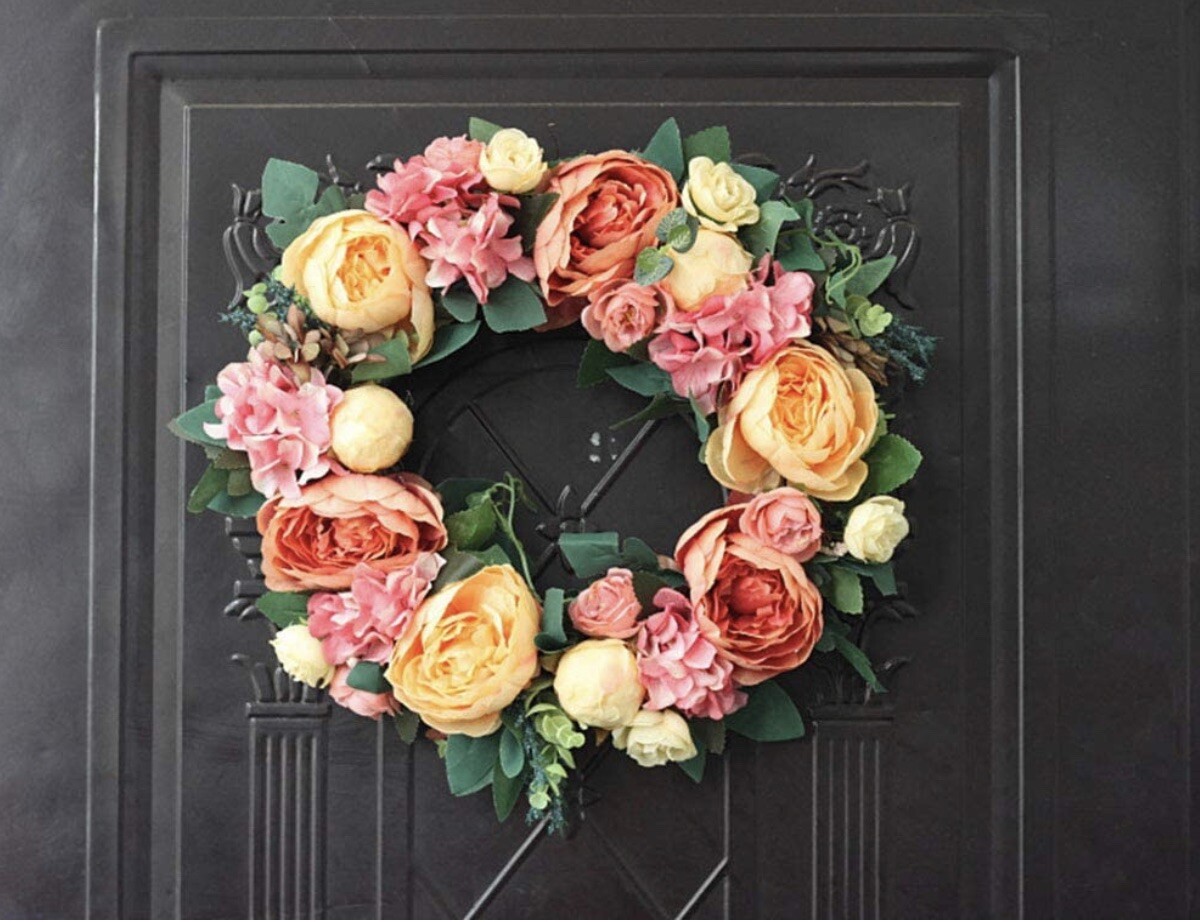 Pink And Orange Floral Artificial Peony Flower Wreath 15.7 Inch Door Wreath