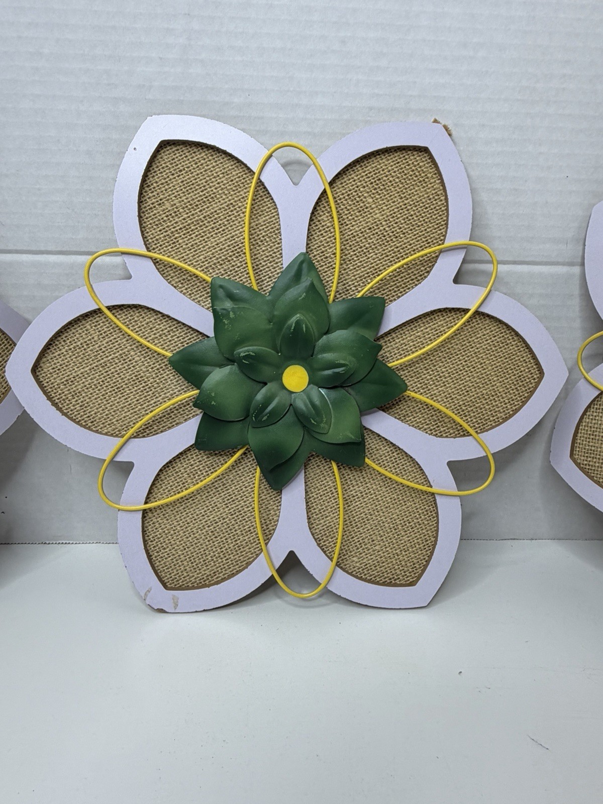3 Wood Burlap & Metal 3D Flowers Decor Hanging 12” Wall Home Decor Wall Hanger