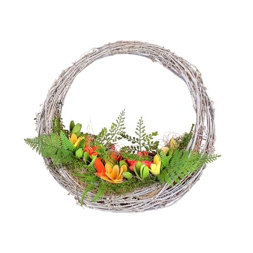 15 inch Spring Wreath with Multi Floral Colorful Wood Flowers and Mossy