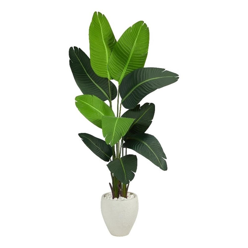 Nearly Natural 5.5ft Travelers Palm Artificial Tree in White Planter in Green