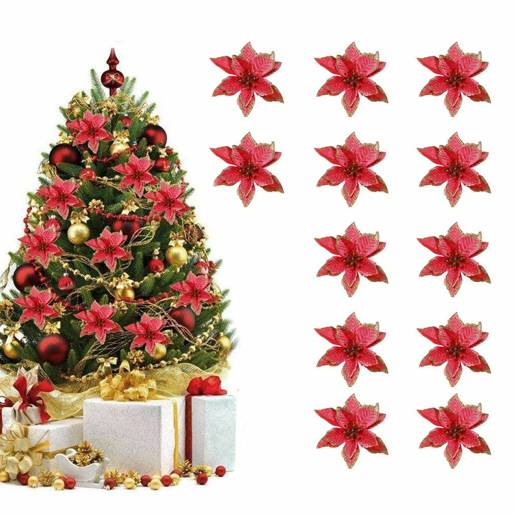 12Pcs Glitter Christmas Flower Tree Hanging Ornaments Festival Xmas Decor Prop