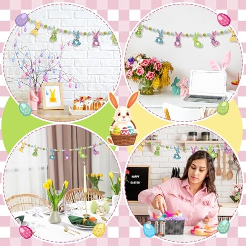 1 Set Easter Mantle Garland 6.56 ft Wood Easter Beads Banner Colorful Bunny