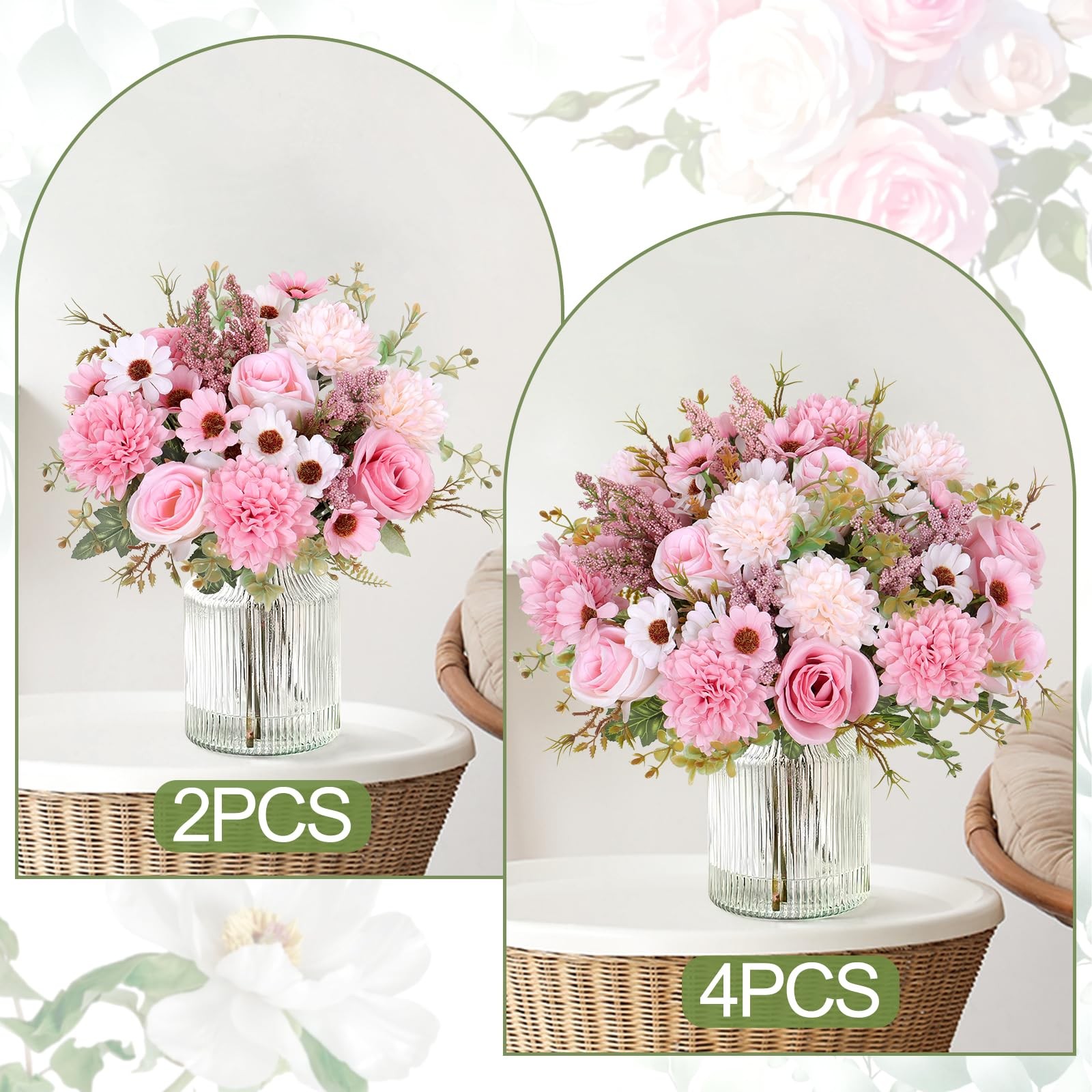Artificial Flowers Like Real Bouquet 4 Packs Silk Roses Daisy Pink