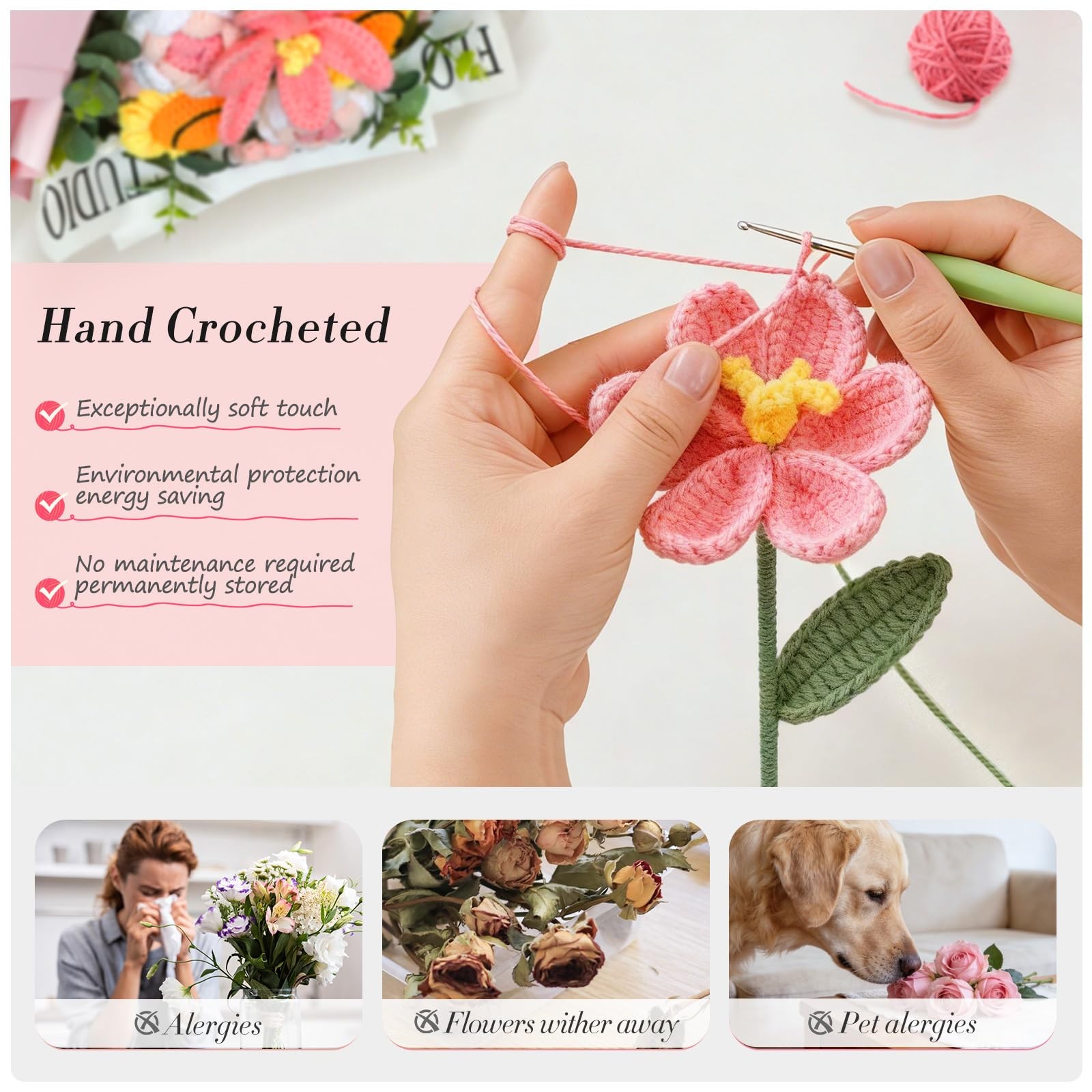 Bnoiiok Crochet Flower Bouquet,Pink Sunflower Handmade Knitted Flowers
