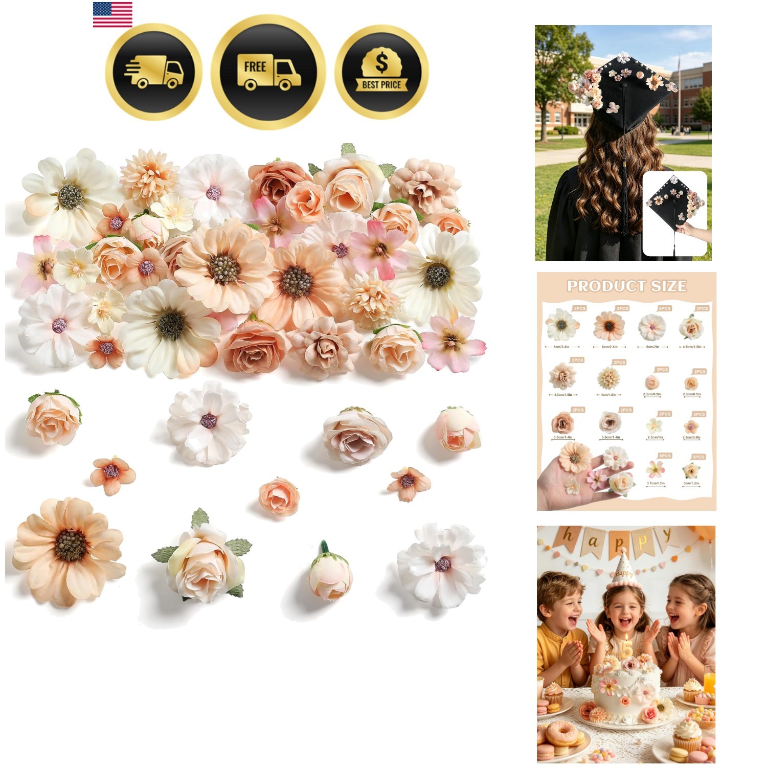 Artificial Flowers Fake Floral Heads for Crafts Weddings Home Decor 45 Pcs