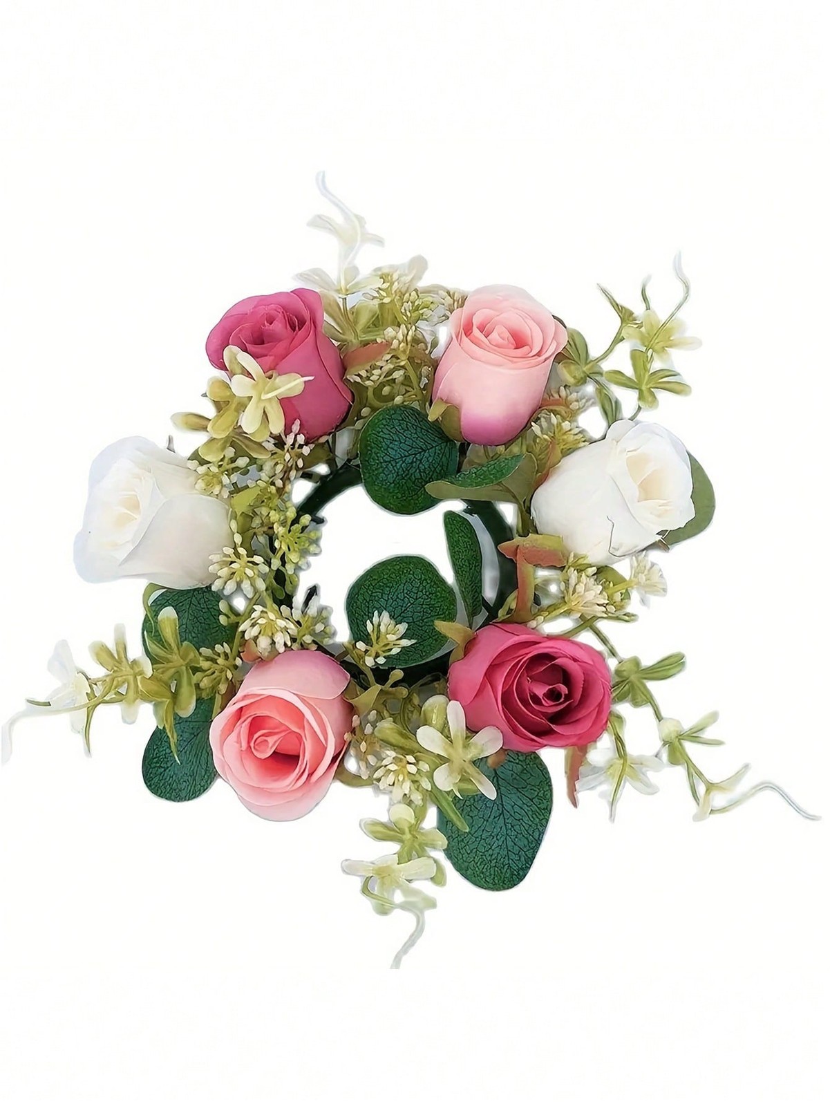 White+Pink+Rose Artificial Silk Rose Wreath Candle Ring For Table Centerpiece