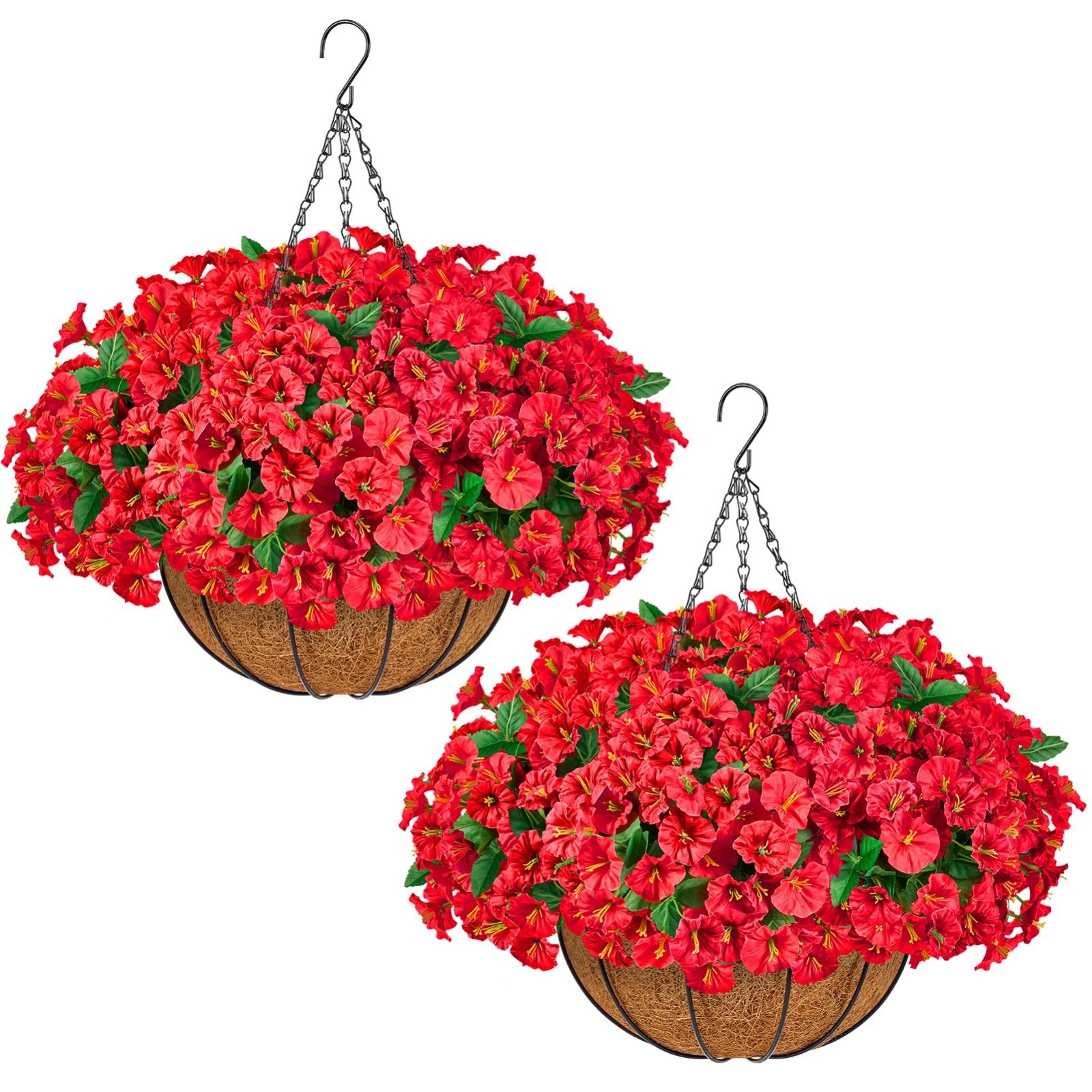 Set of 2 Faux Silk Morning Glory Hanging Flower Baskets for Outdoor Decor – 16 B