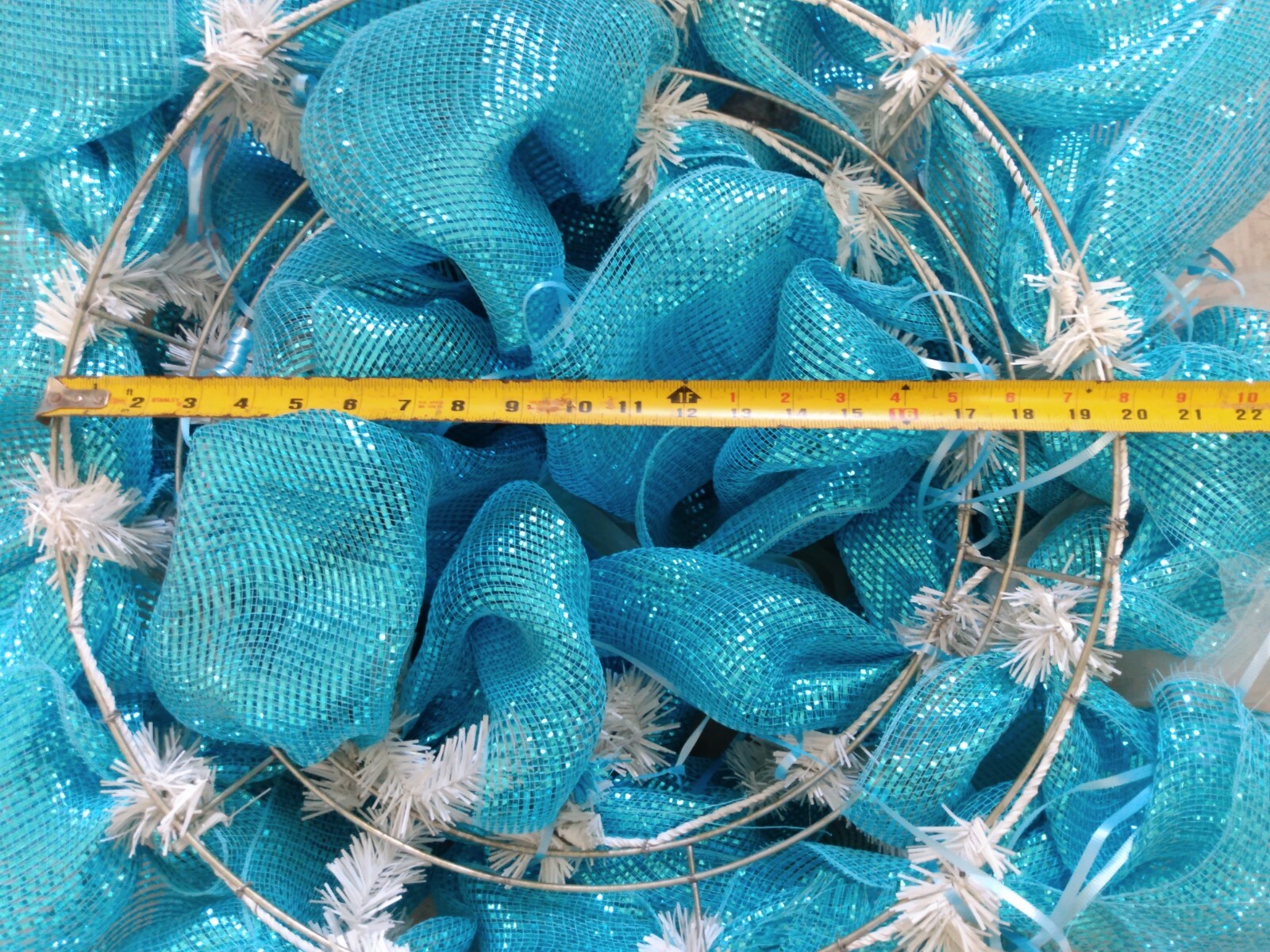 Wired Wreath With Aqua & White Tulle 20″ baby shower wreath