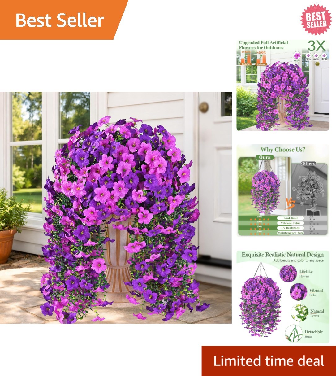 Lifelike Artificial Flowers Set of 2 – Perfect for Hanging Baskets & Patios