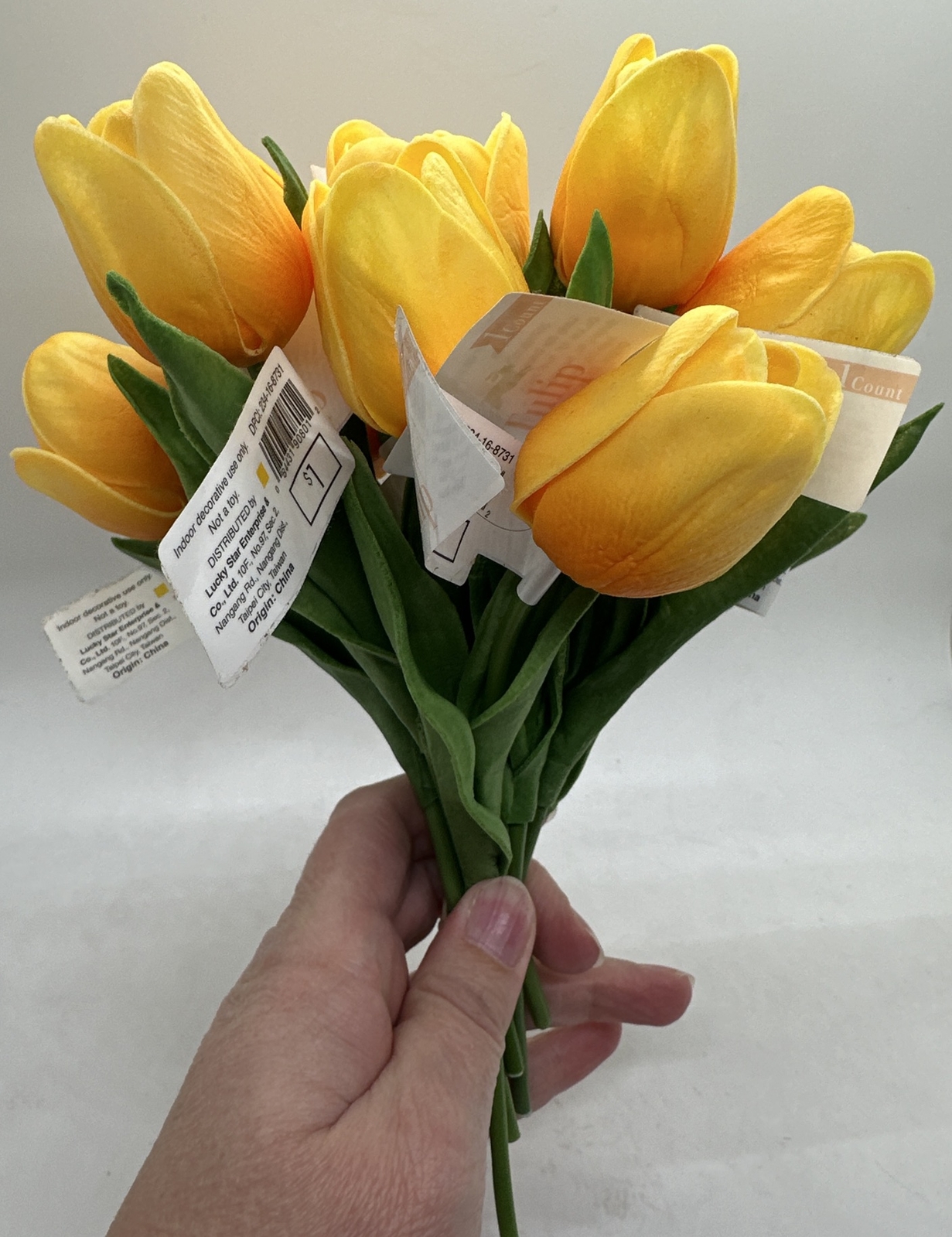 12 Artificial Tulips Flower “Real Touch” Stems w/ Flower & 2 Leaves in Yellow
