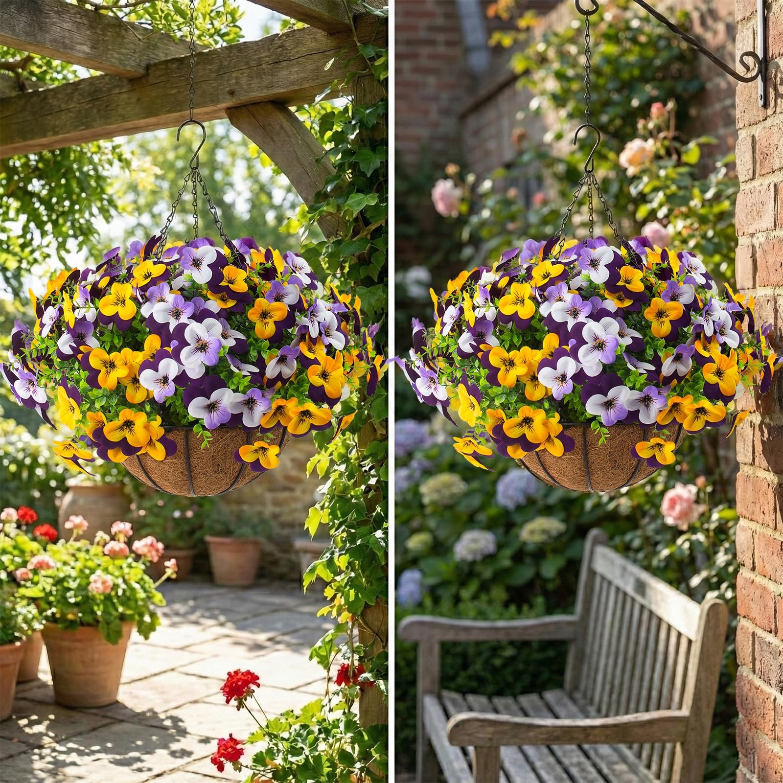 2 Set Artificial Outdoor Pansy Flowers with Hanging Baskets, 2 Hanging Basket…