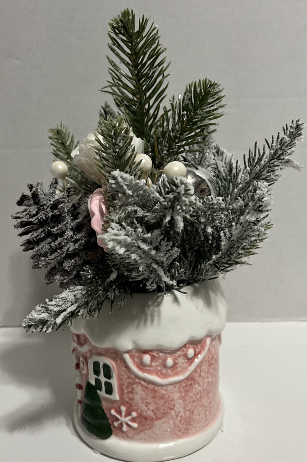 Flora Bunda Christmas Artificial Plant Pink Gingerbread House Ceramic Pot Decor