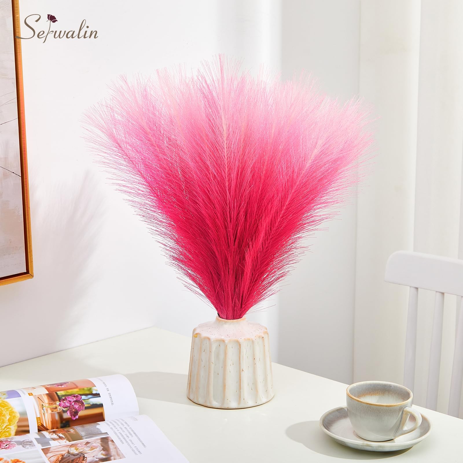 Gradient Hot Pink Pampas Grass Decor,17.7 Inch 6 Pcs Artificial Fluffy Pampas…