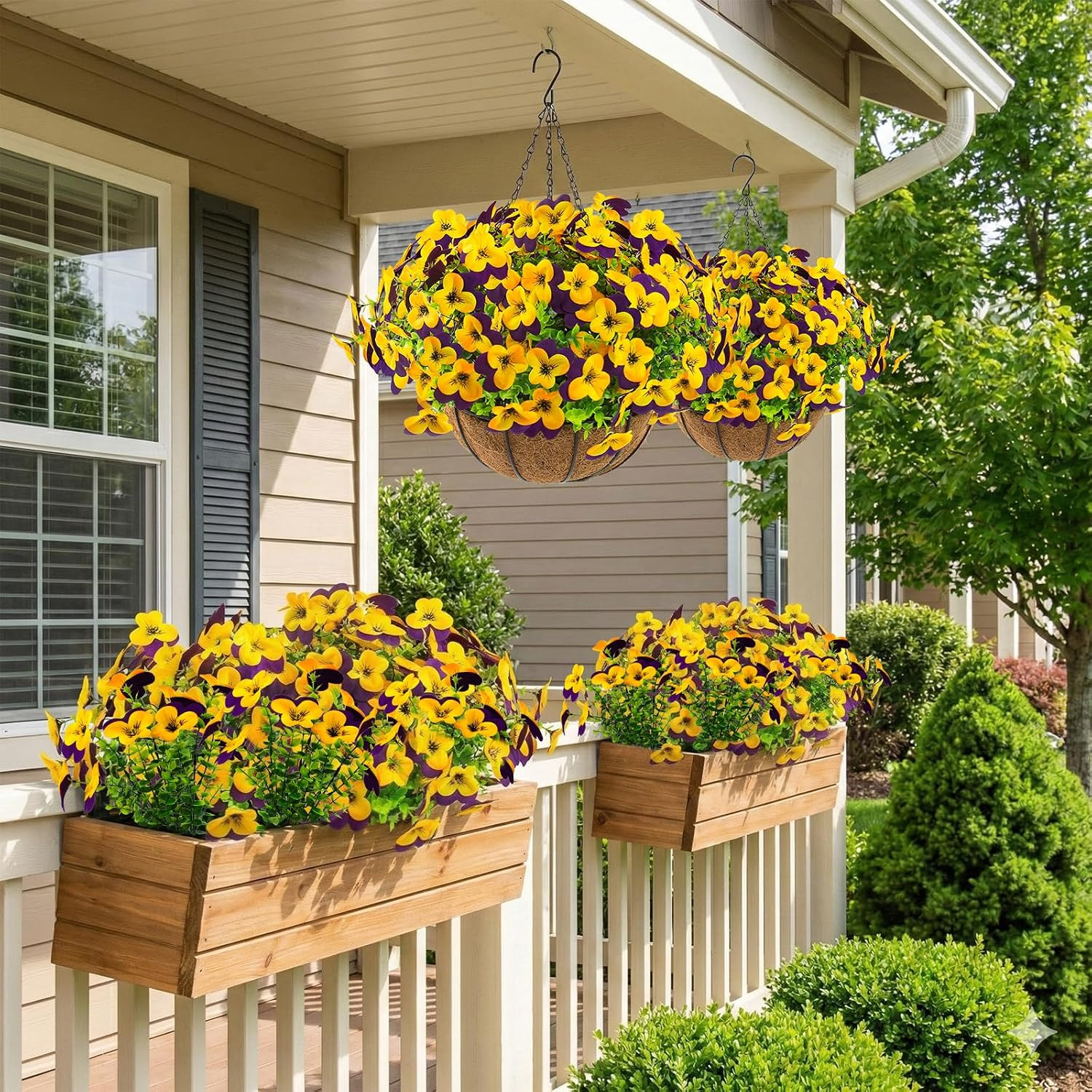 2 Set Artificial Pansy Flowers with Hanging Baskets for Spring Decor