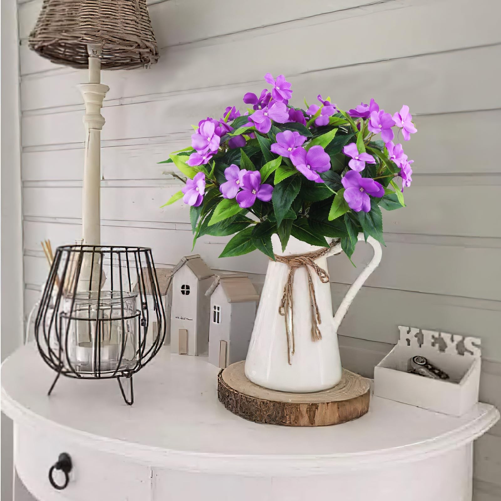 2 Pcs Artificial Purple Impatiens Flowers Outdoor Silk Faux Bush Planter Basket