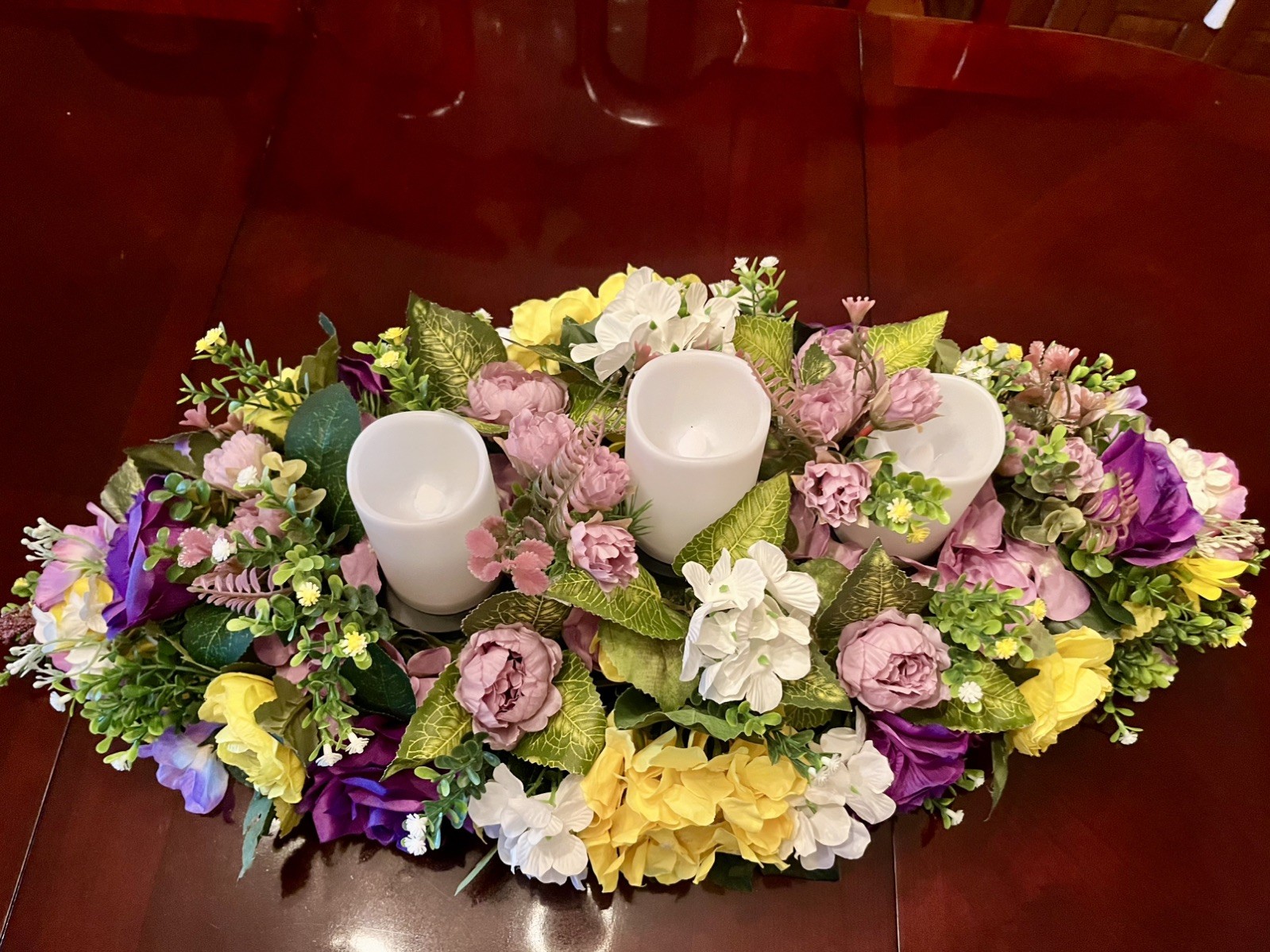 Purple Hydrangea And Roses Floral Arrangement Purple Pillar Candle Centerpiece