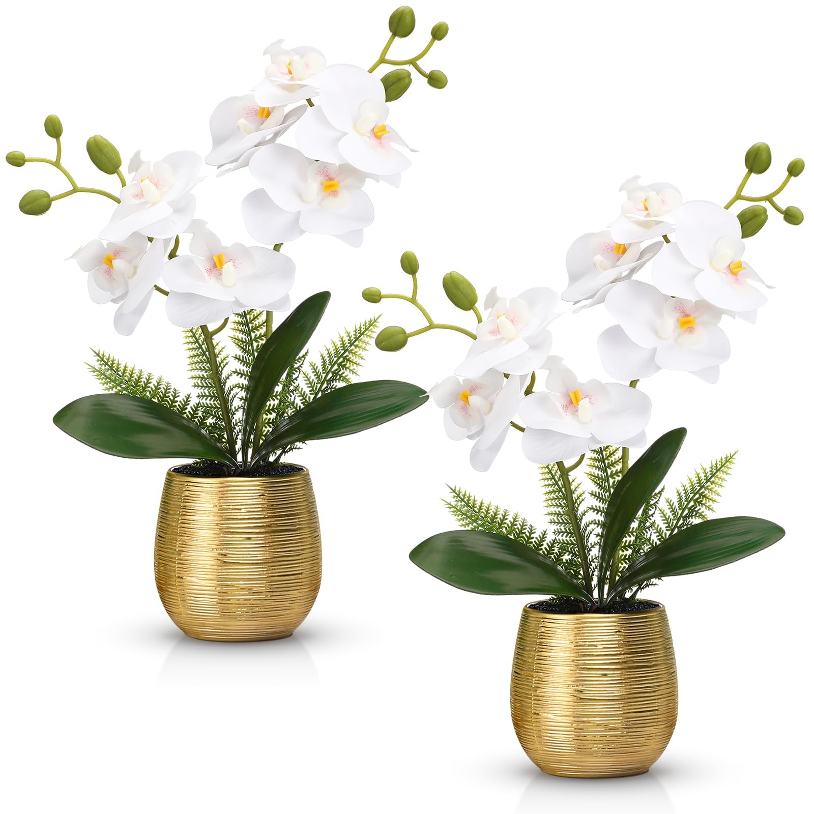 Juinte 2 Pcs Orchids Artificial Flowers in Gold Ceramic Vase 13” White Fake …