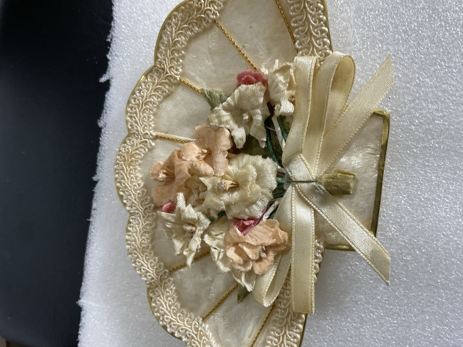 MC Coastal Capiz Shell Fan Trimmed with Gold Lace/Flowers Victorian Style Decor