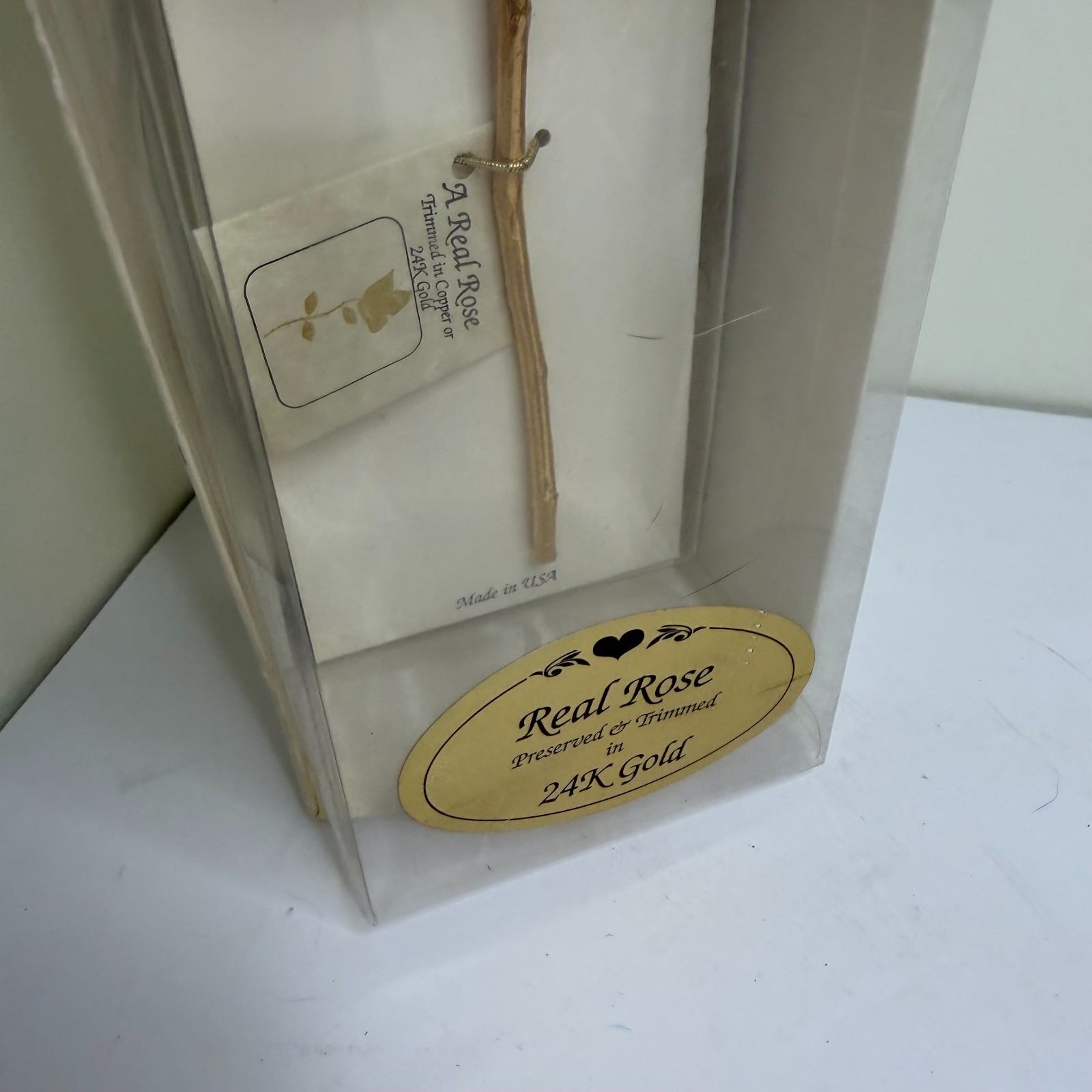 Vintage Real 24K Gold Dipped Rose Preserved Flower w/ Display Case Gift Decor