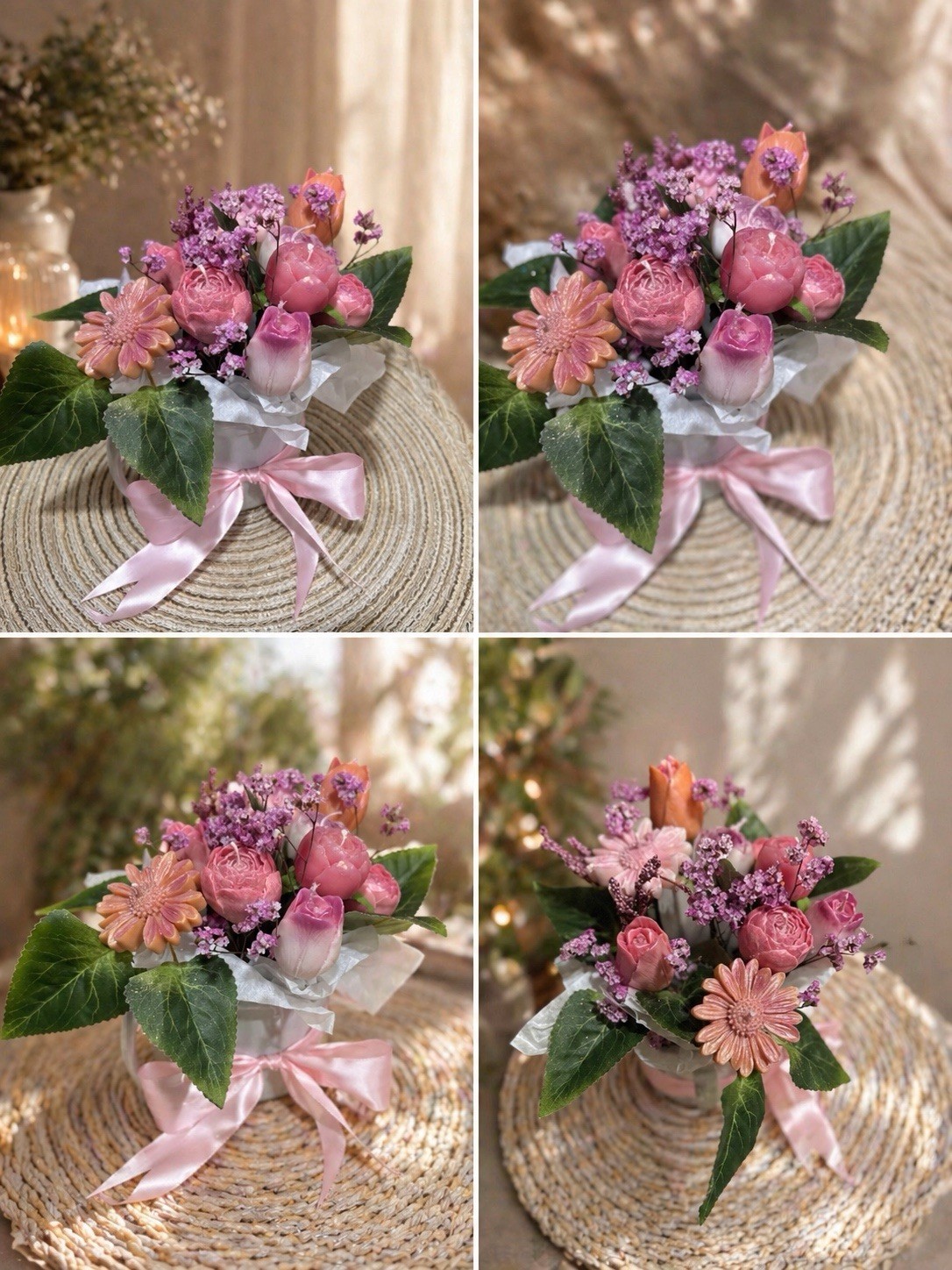 Pink & Purple Rose Gerbera Flower Arrangement Centerpiece in White Pot Ribbon