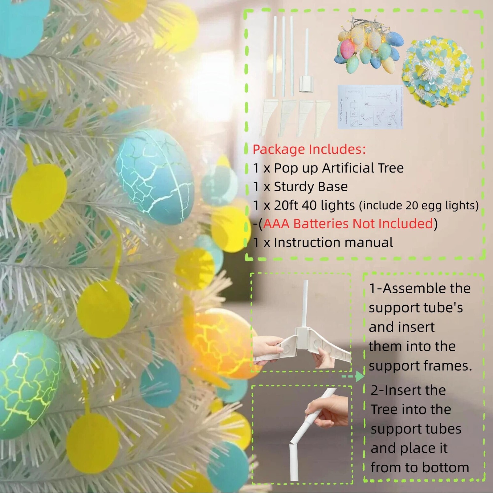5Ft Lighted Easter Egg Tree 40 LED Colored Lights 20 Eggs Pop Up Tinsel