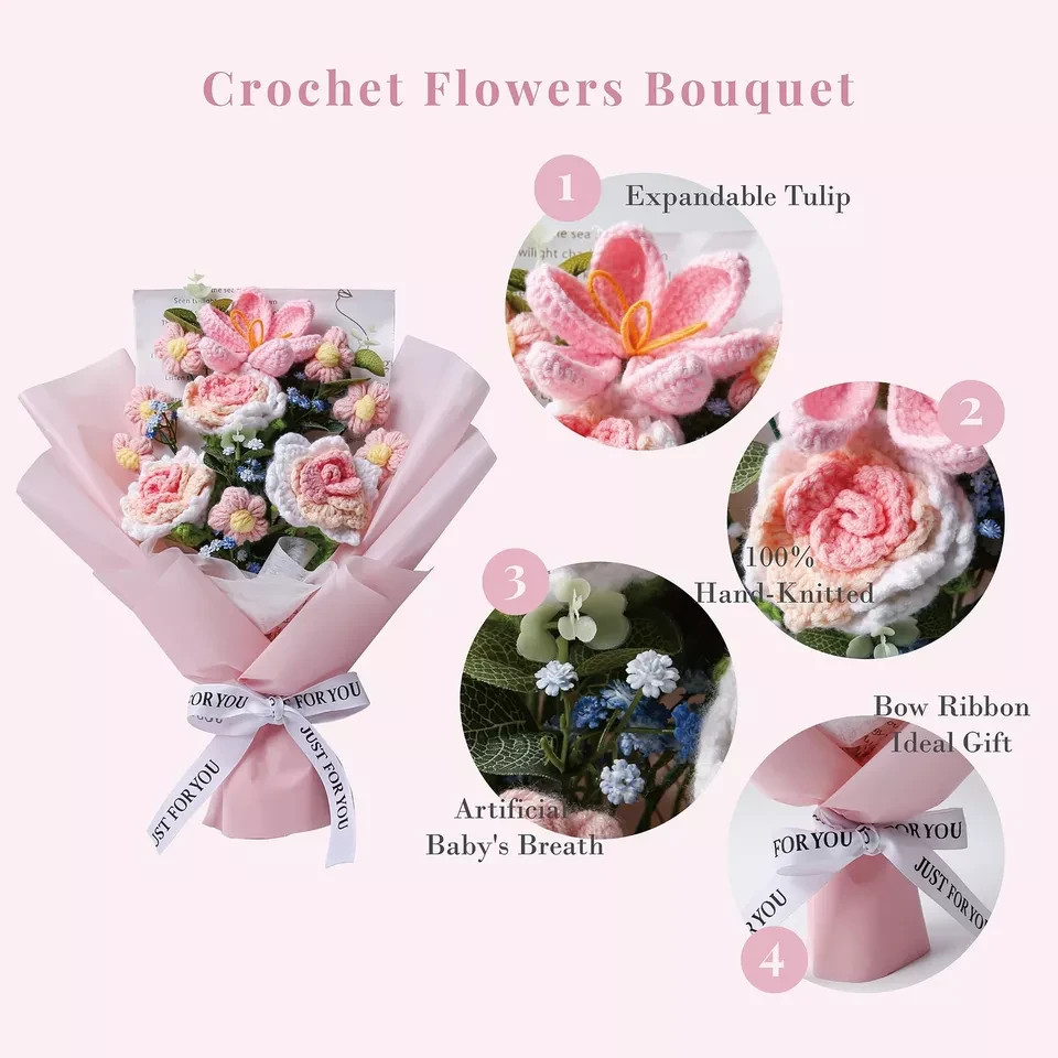 Crochet Flowers Bouquet – Hand Knitted Rose Crochet Flower Bouquet for Home D…