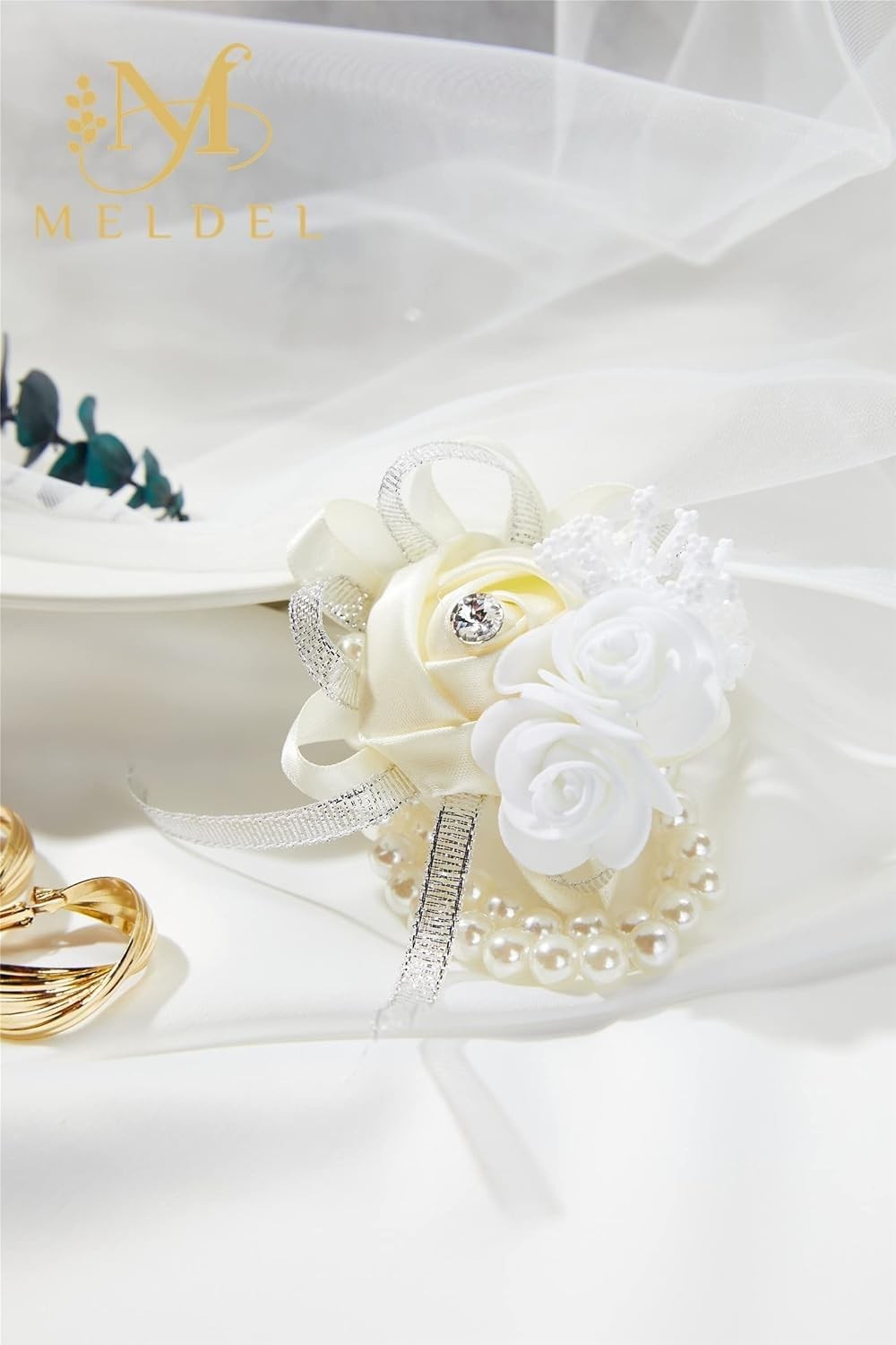 4 PCS Beige White Wrist Corsages Artificial Silk Rose Pearl Bridal Bridesmaid