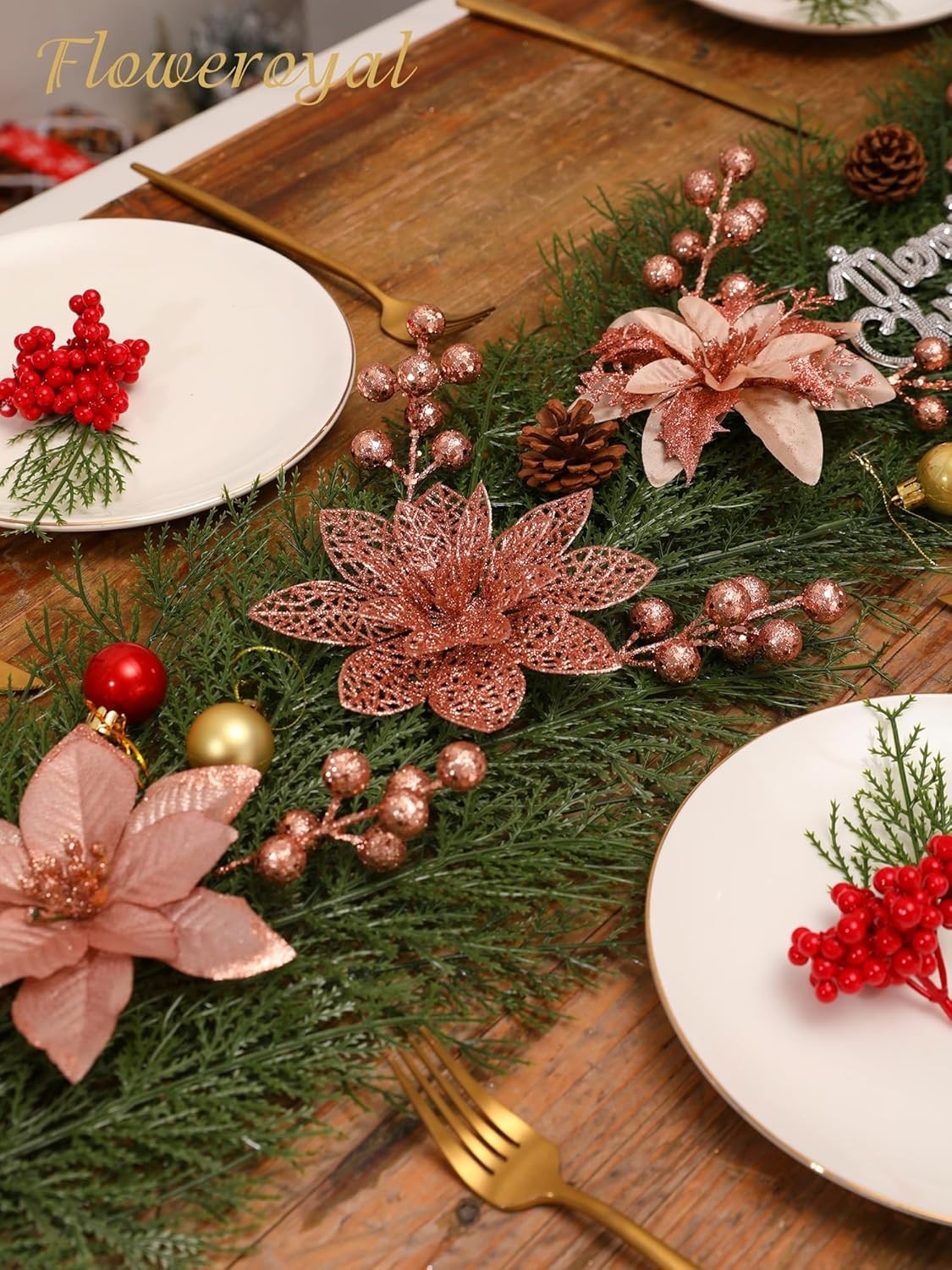 30pcs Poinsettia Artificial Christmas Flowers Decorations with Clips and Berr…
