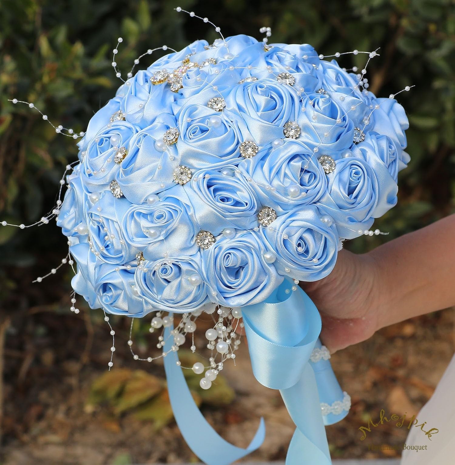 6.3 Inch Light Blue Artificial Rose Bling Bridal Wedding Throw Bouquet