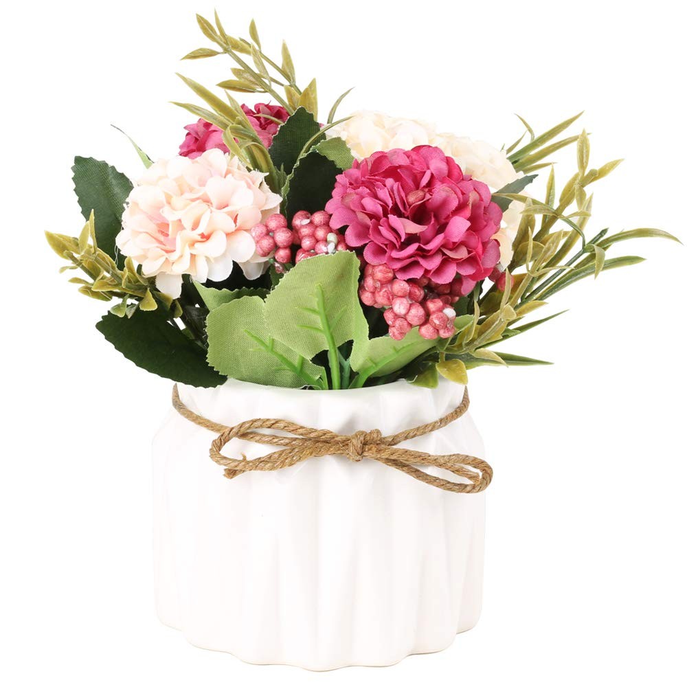 SUPNIU Artificial Hydrangea Bouquet with Small Ceramic Vase Fake Silk Variety…