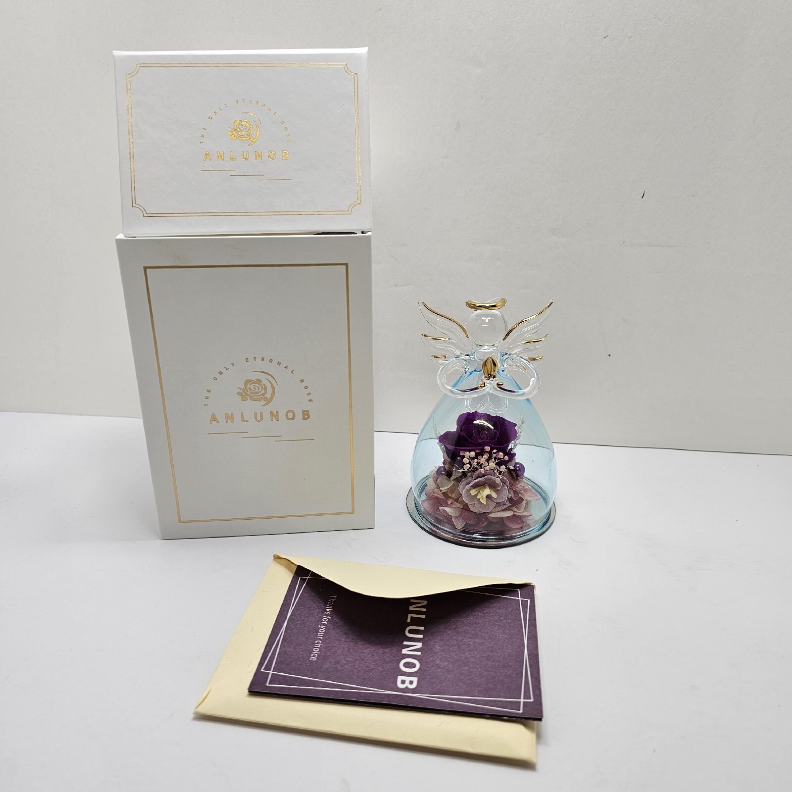 ANLUNOB Eternal Rose Glass Angel Figurine Purple Flower Hand Blown Sweetheart