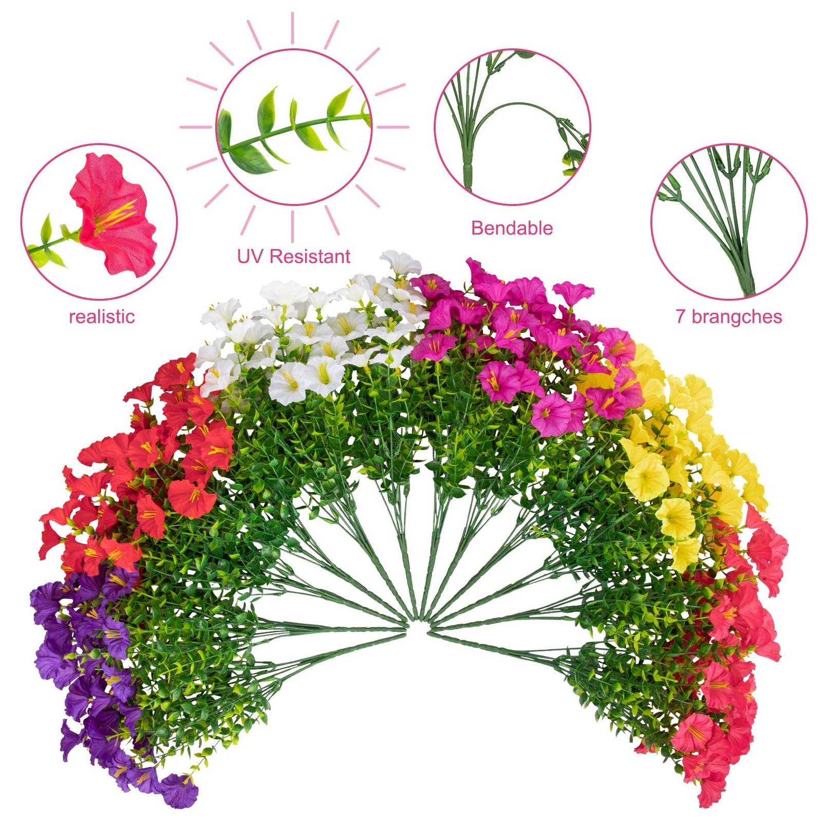 24 Bundles Artificial Flowers for Outdoors, Fake Silk Morning Glory Faux Euca…