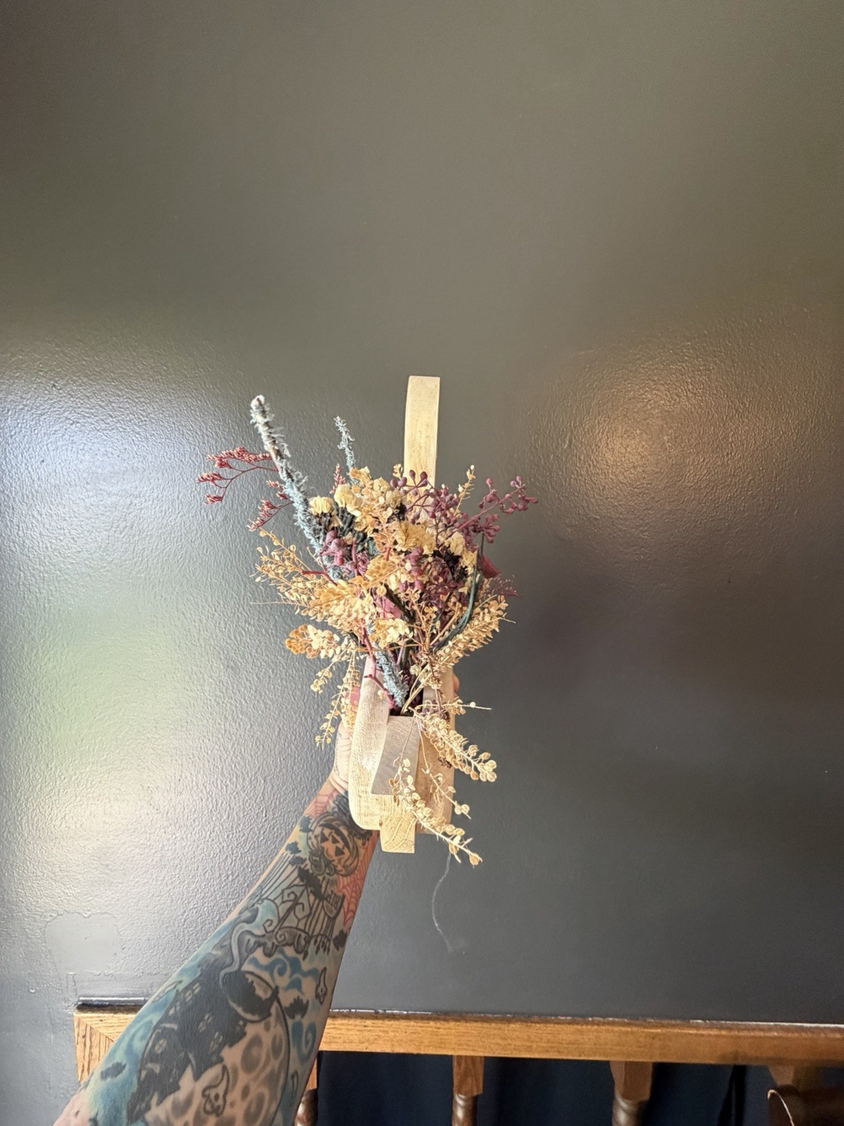Handmade Vintage Wooden Goose with Dried Floral Arrangement Cottagecore Decor