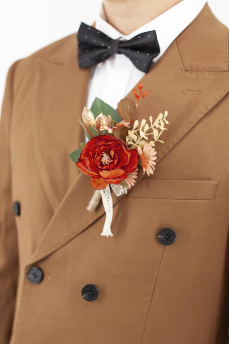Set of 6 Burnt Orange Boutonniere for Men for Wedding, Groom Groomsmen Bouton…