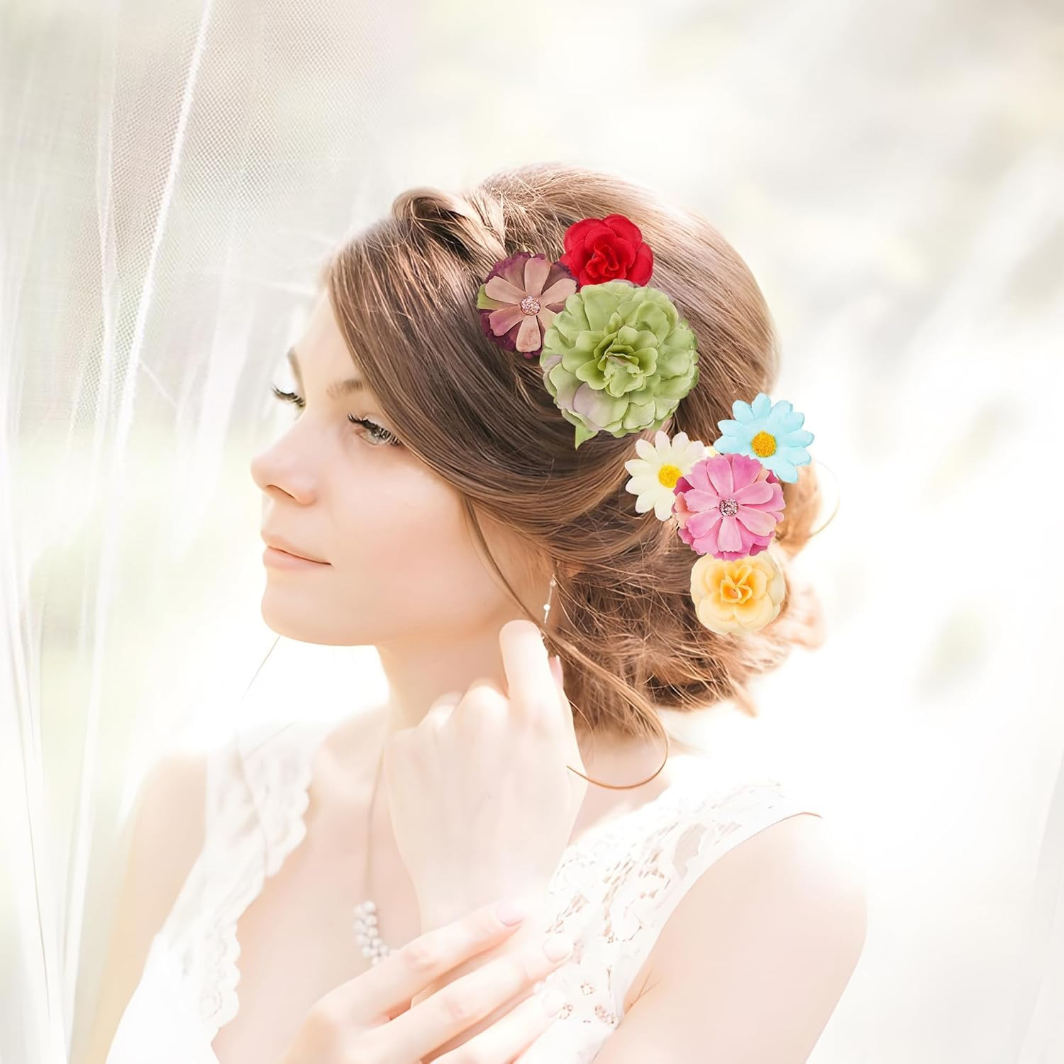210 Pcs Mini Silk Flower Heads Small Fake Rose Daisy Faux Flowers Bulk for Craft