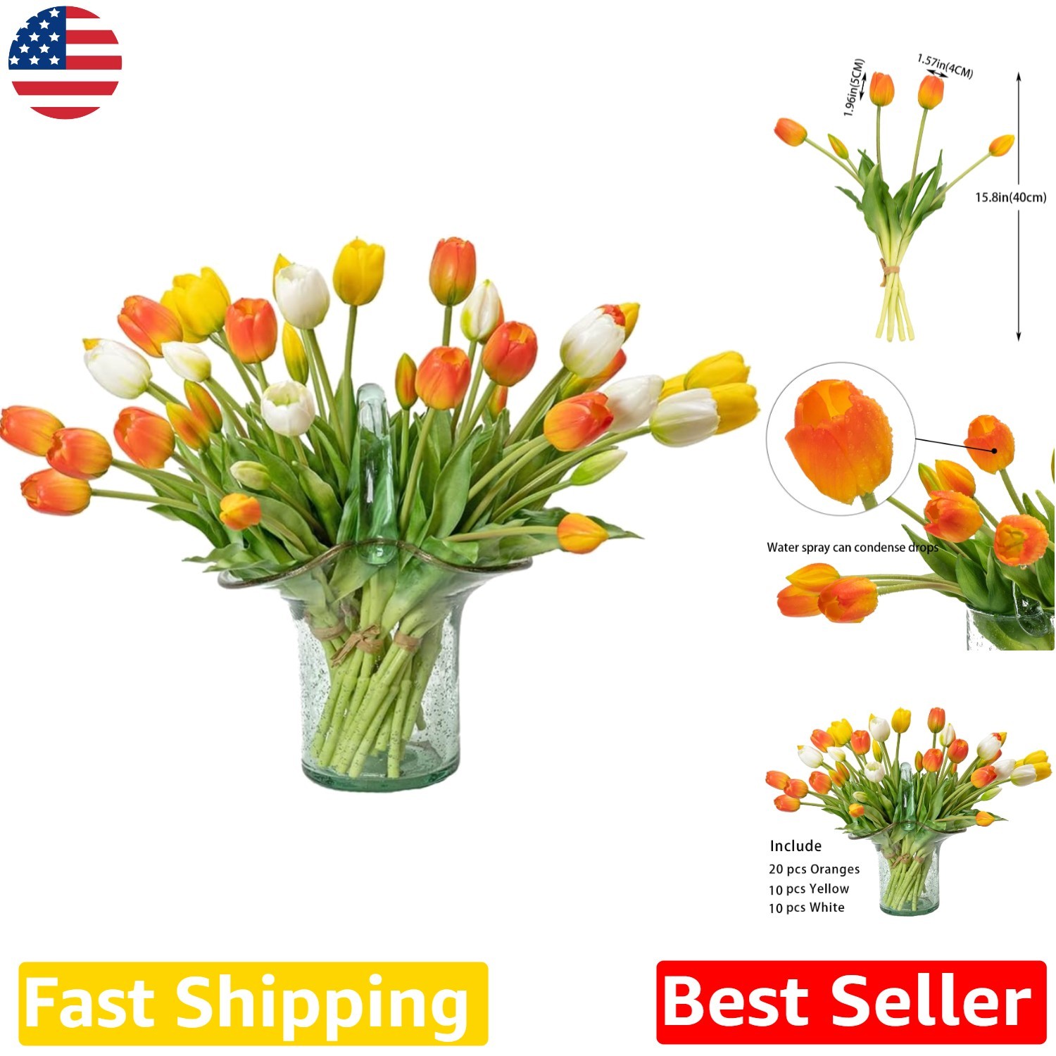 40pc Artificial Tulips Bouquet – Real Touch Rubber, Bendable Stems, Vibrant C…