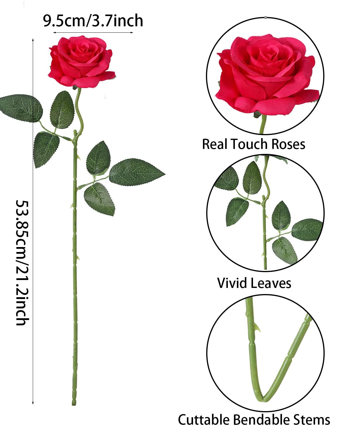 10Pcs Hot Pink Roses Artificial Flowers, Faux Silk Roses with 21.2″ Long Stem…