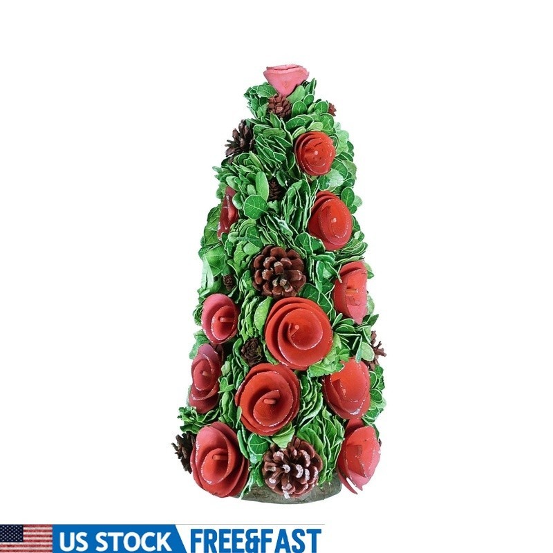 Flower Cone Tree Decor Red Green Roses Pine Cones Indoor Christmas Decoration US