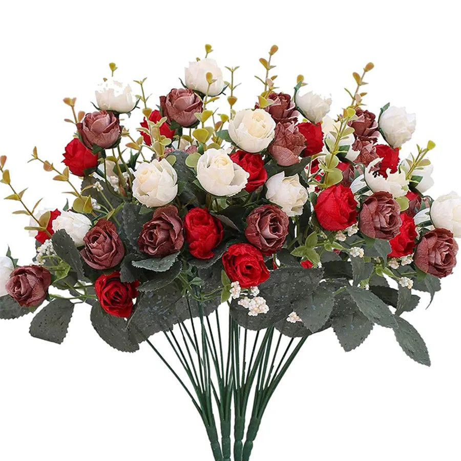 7 Forks 21 Heads Artificial Flowers Silk Rose High Quality Valentine Wreath Wedd