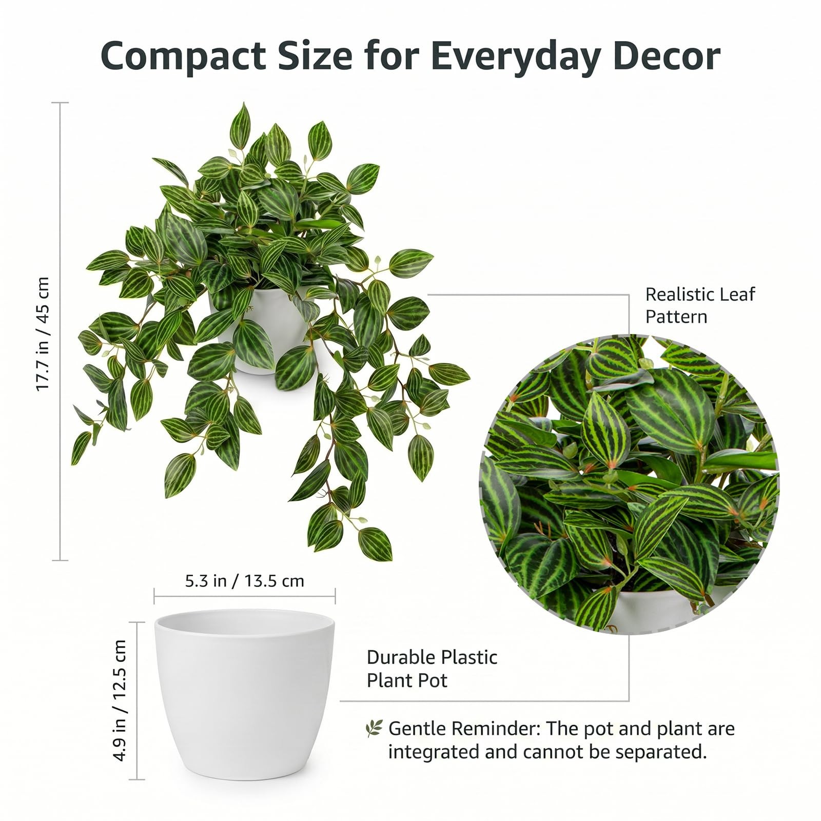 Artificial Potted Plant Indoor, 17.7″ Faux Watermelon Peperomia Trailing Plan…